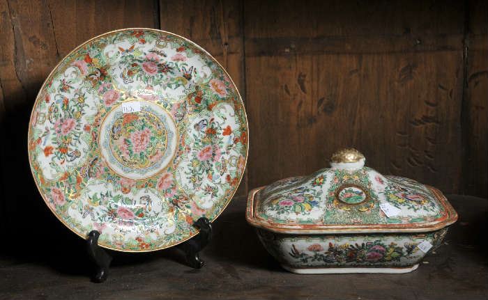 Rose medallion covered vegetable dish (9" x 8", 5.5"H) along with plate (9.5"D)
