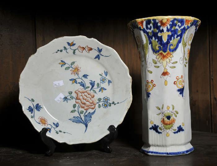 Italian faience vase along with plate - 10.5"H, 9"Dia