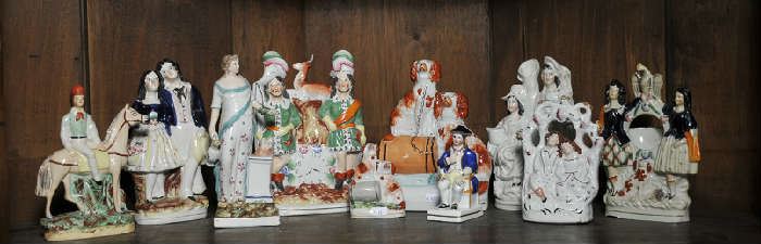 Grouping of 10 Staffordshire figural groups ranging in sizes, 3" - 8" h