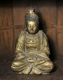 Carved wooden Buddha figure - 14.5"H