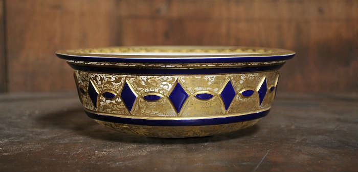 Glass bowl with gilt decoration, double cut overlay, likely Moser - 6.75"Dia. & 2.5"H