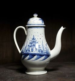 Soft paste tea pot, blue and white Chinese design - 9.5"H