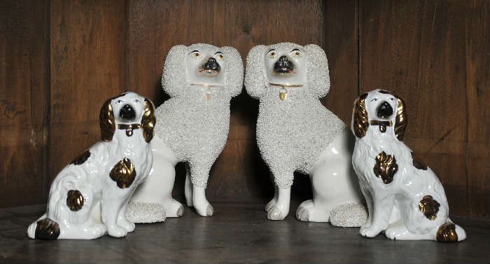 Two pair of Staffordshire spaniel figures - 7"H & 9.5"H