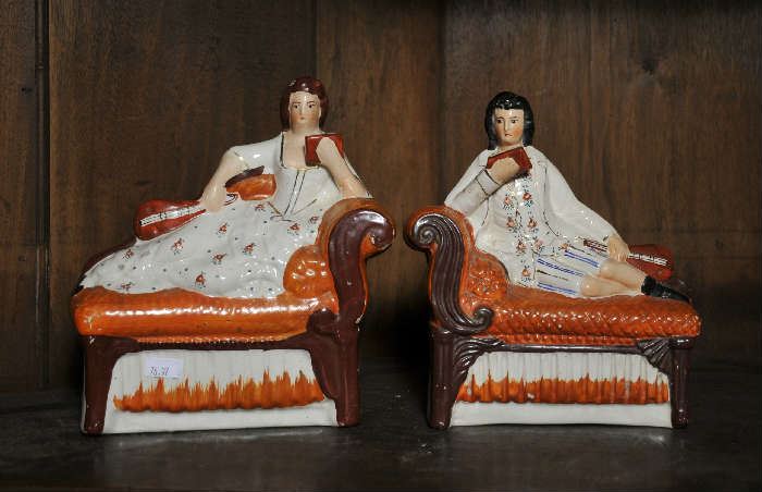 Pair of Staffordshire figural groups, figures on Recamier(s)- 9"H x 8"W