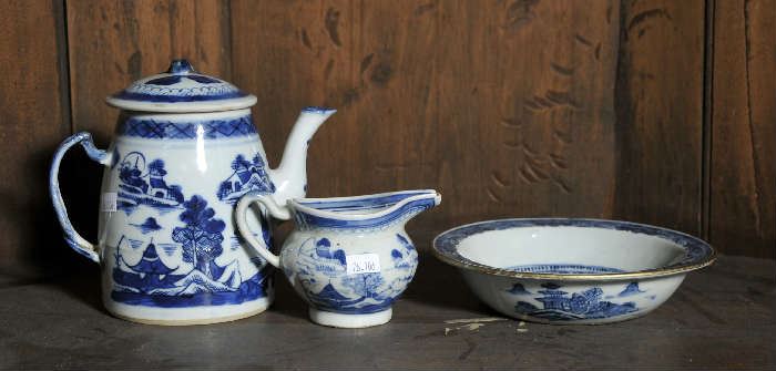 Canton tea pot (6.5"H)along with creamer (3.25"H to top of handle)and other blue & white porcelain bowl (7.25"Dia.) (3 pcs)