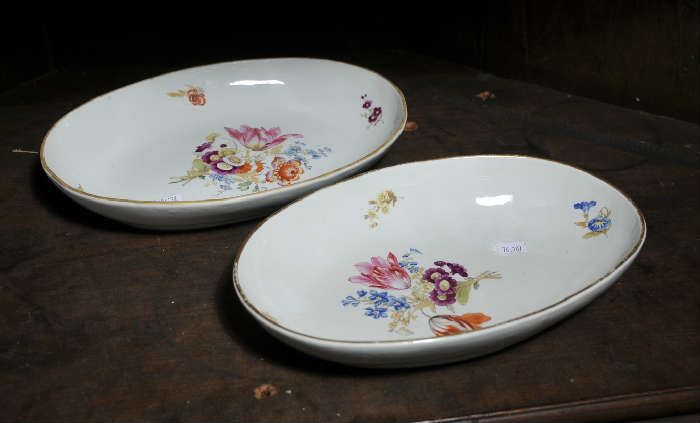 Pair of French porcelain hand painted oval open dished, blue cross sword mark M, 10.75" 