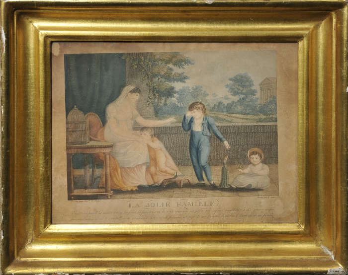 19th C. French colored engraving "La Jolie Famille" in lemon gold frame,