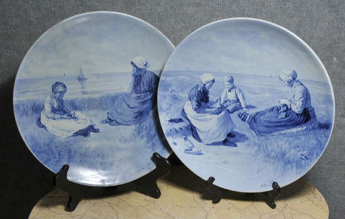 Pair of Delft chargers, one with professional repair, both artist signed - 14"D 