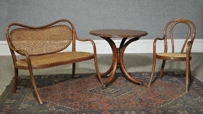 Child's size bent wood settee, chair and table