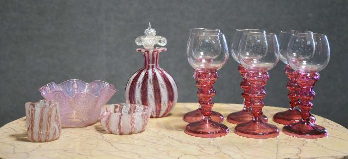 

Antique glass lot including Venetian perfume and three ruffled bowls with 6 cranberry stemmed wines - Ranging in sizes from 1.5" - 6.5"H
