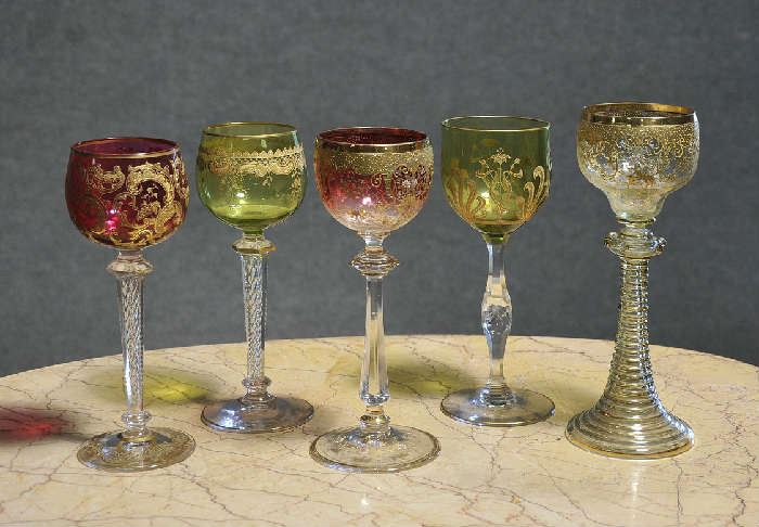 Assorted Antique enameled art glass wines - 7.5" - 8"H
