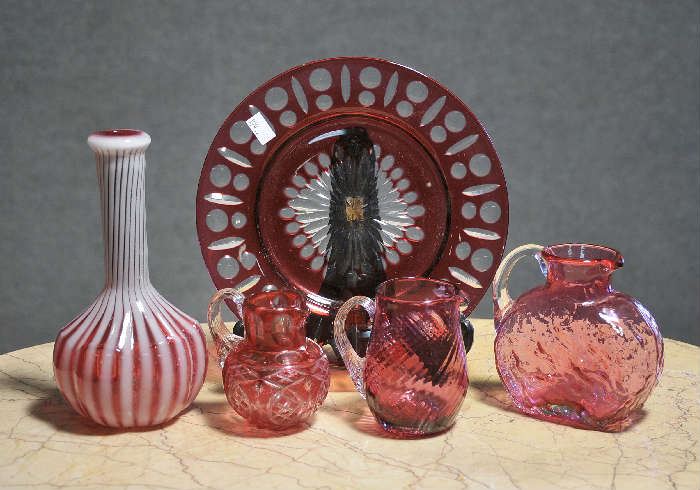 Art glass lot including cut to clear plate, barbers bottle and others - 8.25"D plate others ranging in size from 3.5" - 7.5"