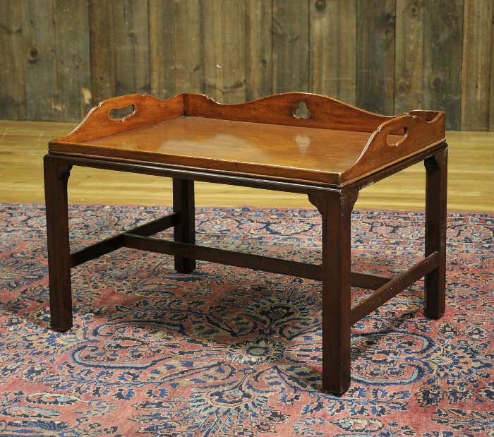 Period Georgian butlers mahogany serving tray with an antique stand to serve as a coffee table