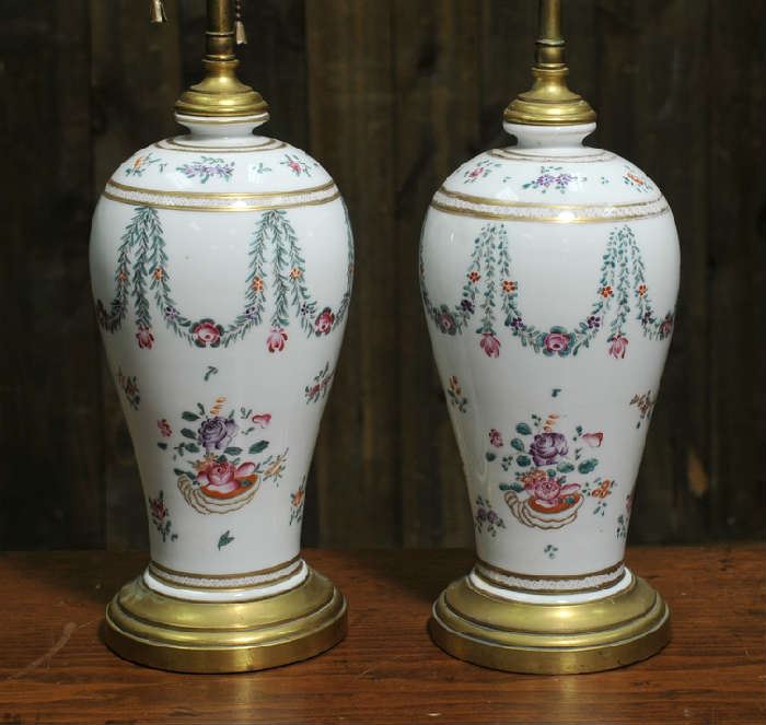 Pair of porcelain decorated lamps, French, early 20th C