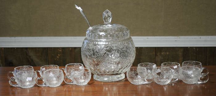 Cut glass punch bowl, ladle & 12 cups - 11.25"H punch bowl