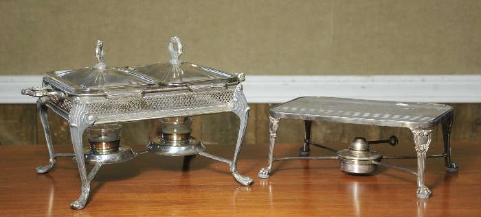 Silver plated covered chafing dish w/candle warming unit & warming plate with oil warming unit 