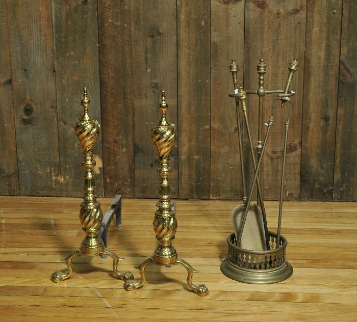 Brass fireplace andirons (505-18) & brass fireplace tools 
