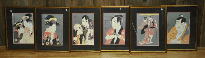 Six Japanese block prints, framed, 17" x 22"