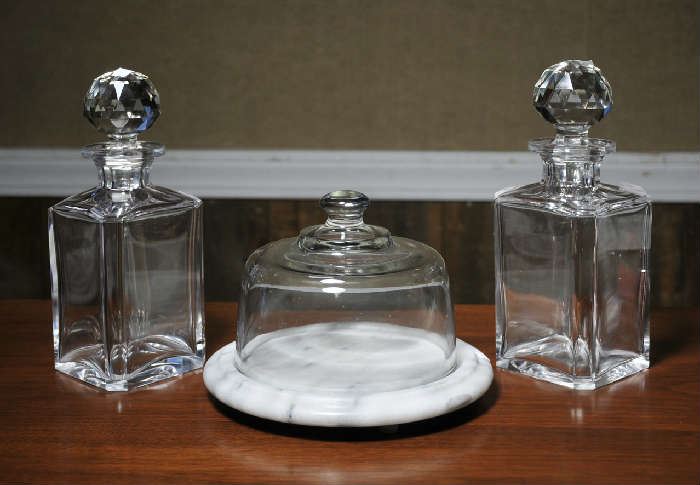 Two crystal decanters & glass covered marble cheese server