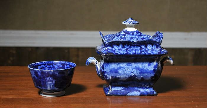 Historical blue covered sugar and handless cup - 6"H to top of lid