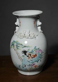 Chinese porcelain vase with rooster - 13.75"H