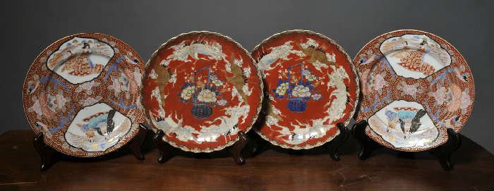 Four Asian Imari red porcelain plates & soup bowls 