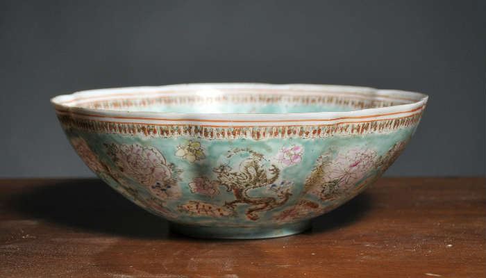 Chinese eggshell porcelain bowl with dragon - 9.75"D x 3.5"H 