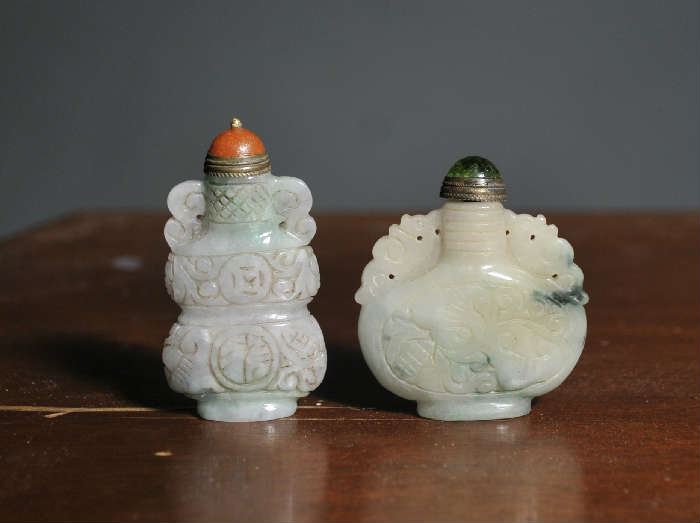 Two Asian carved jade snuff bottles - 2"H - 2.5"H 