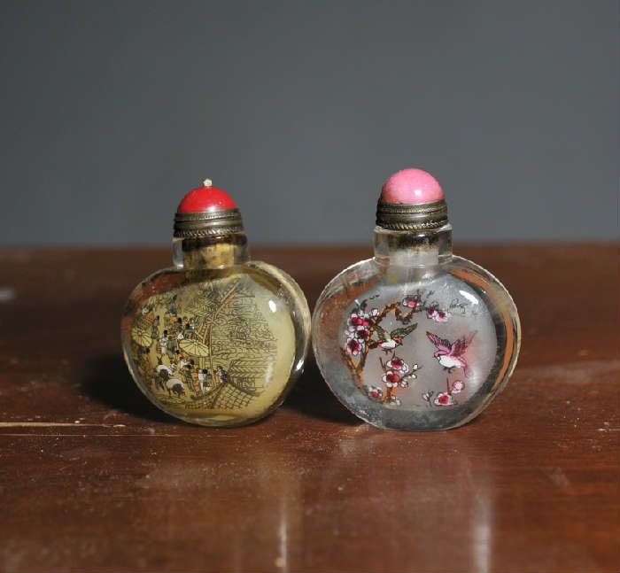 Two Asian glass snuff bottles, internally painted - 2.25"H