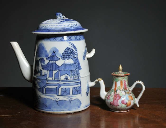 Two porcelain tea pots, Canton and Rose Medallion (1 damaged, handle missing) - 7.5"H & 3.75"H to top of finial 