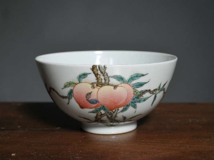 Chinese porcelain bowl, signed, peaches - 6"D & 3"H
