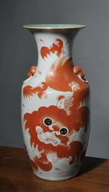Chinese porcelain dragon vase, orange design with applied ring handles - 17"H