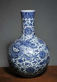 Large Chinese blue/white bulbous vase signed, 20th C.- 23"H