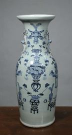 Tall blue & white Chinese vase with urns, flowers - 22.5"H