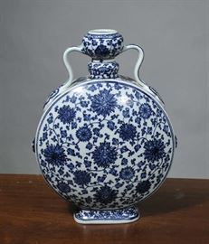 Chinese blue/white moon shaped vase with flowers, 20th C. - 13.5"H