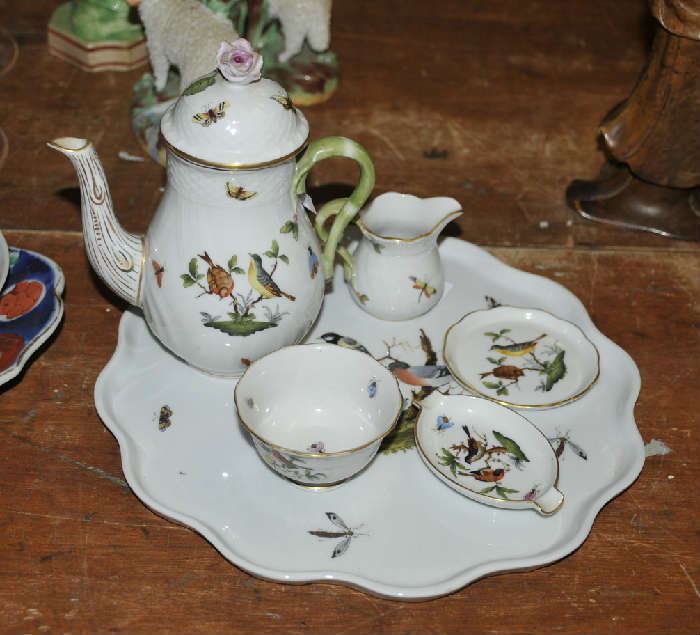 3 pc Herend teaset, with 2 small dishes (tray is not Herend) 7" h teapot 