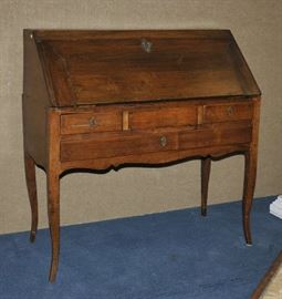 French Louis XV walnut slant top ladies desk, 2 over one long drawer, 39" h x 36"w