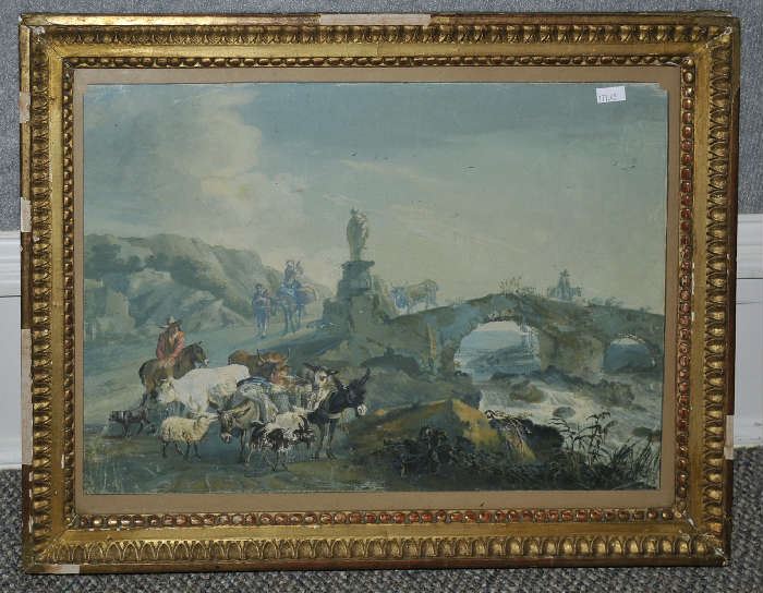 Early European school watercolor landscape with cows and figures, 12" x 17", early frame
