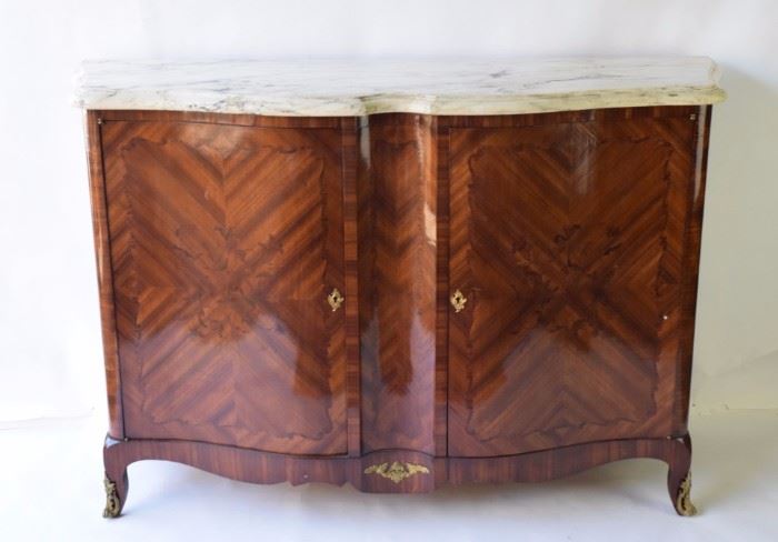 French Marquetry Marble Top Sideboard