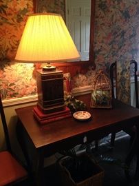 Asian lamp; antique entry table with drawer, flanked by a pair of Queen Anne chairs