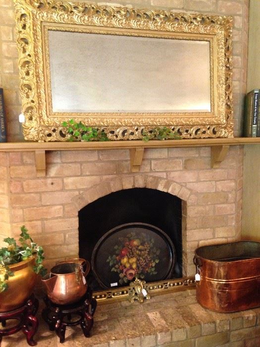 Extra large gold mirror; tole tray; wonderful copper selections