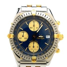 Breitling Chrono 18K Gold & Steel Blue Angels LIMITED Automatic: A men’s Breitling Chronomat Chronograph 18K yellow gold and stainless steel Blue Angels Limited Edition automatic wristwatch.