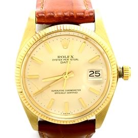 Men's Rolex Perpetual Date Solid 14K Yellow Gold 34 mm Automatic: A men’s Rolex Perpetual Date solid 14K yellow gold 34.00 mm automatic wristwatch.