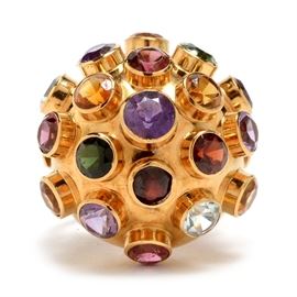 18K Yellow Gold Multi-Stone Sputnik Dome Ring: An 18K yellow gold multi-stone dome Sputnik ring with bezel set amethyst, garnet, citrine, tourmaline, iolite, and aquamarine gemstones.