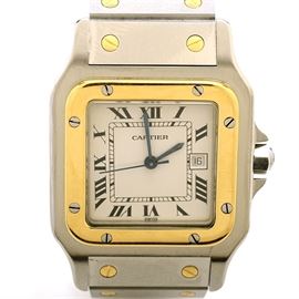 Cartier Santos Date 18K Gold and Stainless Steel Automatic Unisex: A unisex Cartier Santos Date 18K yellow gold and stainless steel automatic wristwatch.