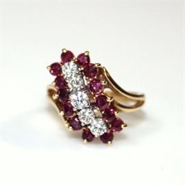 Diamond and Ruby Cocktail Ring: A stunning pagoda-style diamond and ruby cocktail ring.