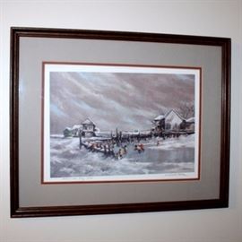 Robert Fabe Signed and Numbered 1/50 Print "December Day": A signed and numbered lithograph print from a painting by artist Robert Fabe (Ohio/Illinois, 1917–2004). It is number 1 in a series of only 50 prints. The piece is titled “December Day” and features three children enjoying a snowy winter’s outing. This piece is numbered and titled in pencil to the bottom left and is pencil signed to the bottom right. Presented under glass with double mat in ogee walnut stain wood frame.