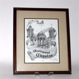 Offset Lithograph Print "Cupolas of Mariemont" by John Ruthven: A signed offset lithograph print titled Cupolas of Mariemont by noted artist John Ruthven. The black and white print depicts five cupolas that can be found on buildings in the charming village of Mariemont, Ohio. Plate signed and signed by the artist in pen to lower right and numbered 225/250. Presented in a brown wood frame with woven fabric mat.