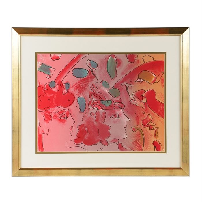 Peter Max Limited Edition Lithograph on paper "Reflections II": A limited edition lithograph on paper titled Reflections II by well-listed contemporary artist Peter Max (b. 1937). This abstract work features two profile busts of a man and woman rendered in simple black outlines. They are surrounded by circular blue forms and various shapes outlined in black, against a purple-pink background. This piece is numbered 80 out of an edition of 165 and signed in graphite to the upper right. To the lower left corner, is an embossed copyright stamp. Housed under glass in a white mat within a gold tone composition frame.