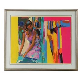 Nicola Simbari Limited Edition Serigraph on Paper "Dressing Room": A limited edition serigraph on paper titled Dressing Room by Italian artist Nicola Simbari (1927-2012). Depicted are two woman wearing dresses to the left of the composition. Towards the right is a series of abstract colors rendered on a purple background. This piece is signed to the lower right and is numbered 225 out of an edition of 300 to the lower left. Housed behind glass in a blue fabric mat and silver tone composition frame.